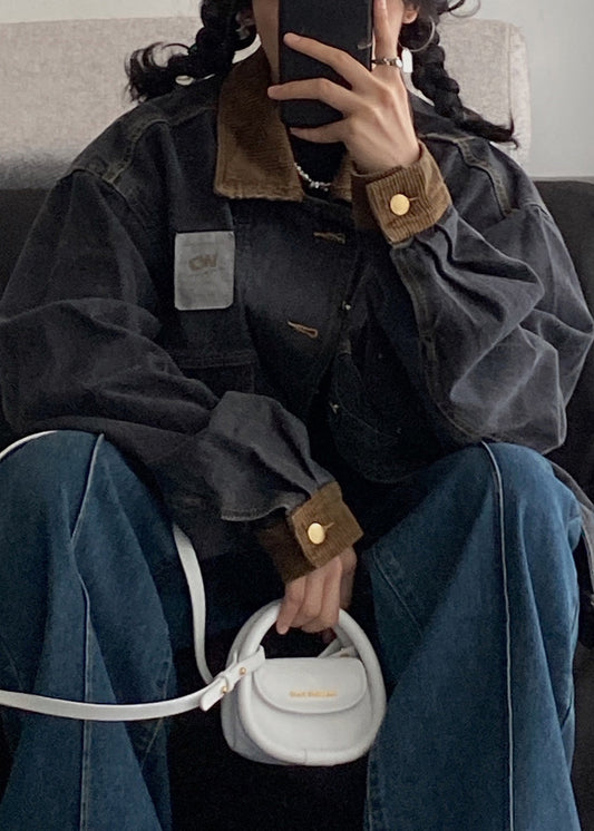 Patchwork Spring Mens Pockets Coats Black Denim Button Retro