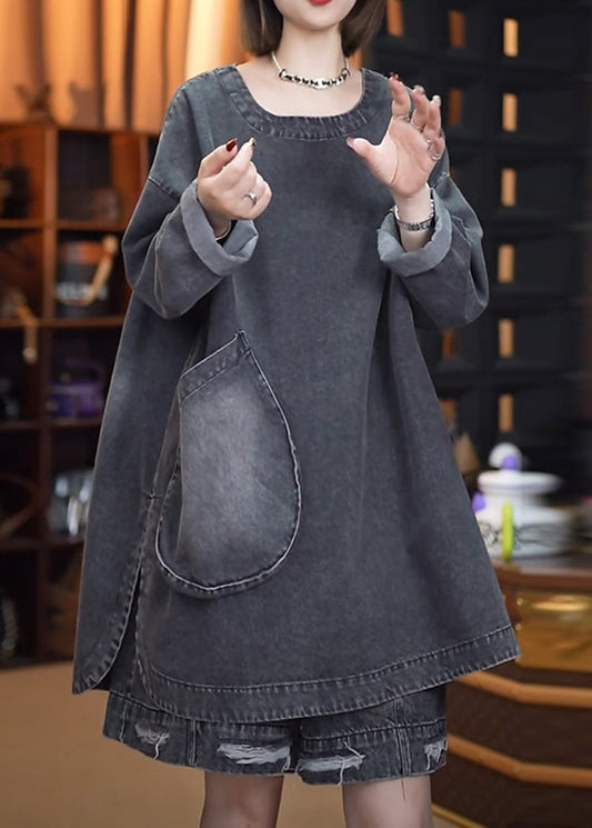 Fall Side Open Retro Denim Patchwork Black Tops