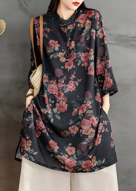 Dress Open Stand Black Shirts Retro Linen Side Collar Print