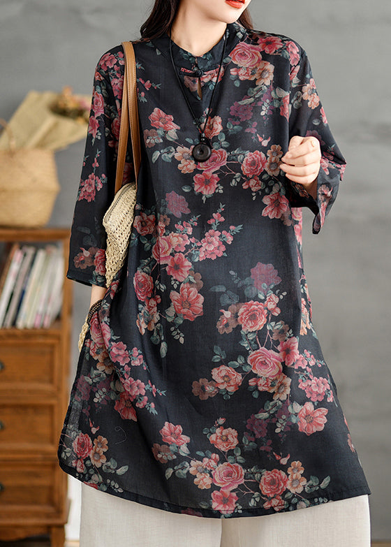 Collar Retro Print Black Side Open Linen Dress Stand Shirts