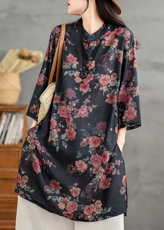 Collar Retro Print Black Side Open Linen Dress Stand Shirts