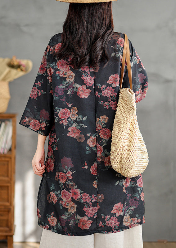 Dress Open Stand Black Shirts Retro Linen Side Collar Print