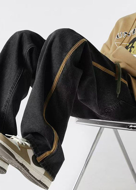 Lace Denim Mens Spring Pants Retro Striped Black Up