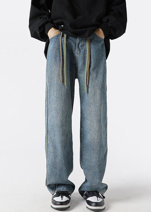 Lace Denim Mens Spring Pants Retro Striped Black Up