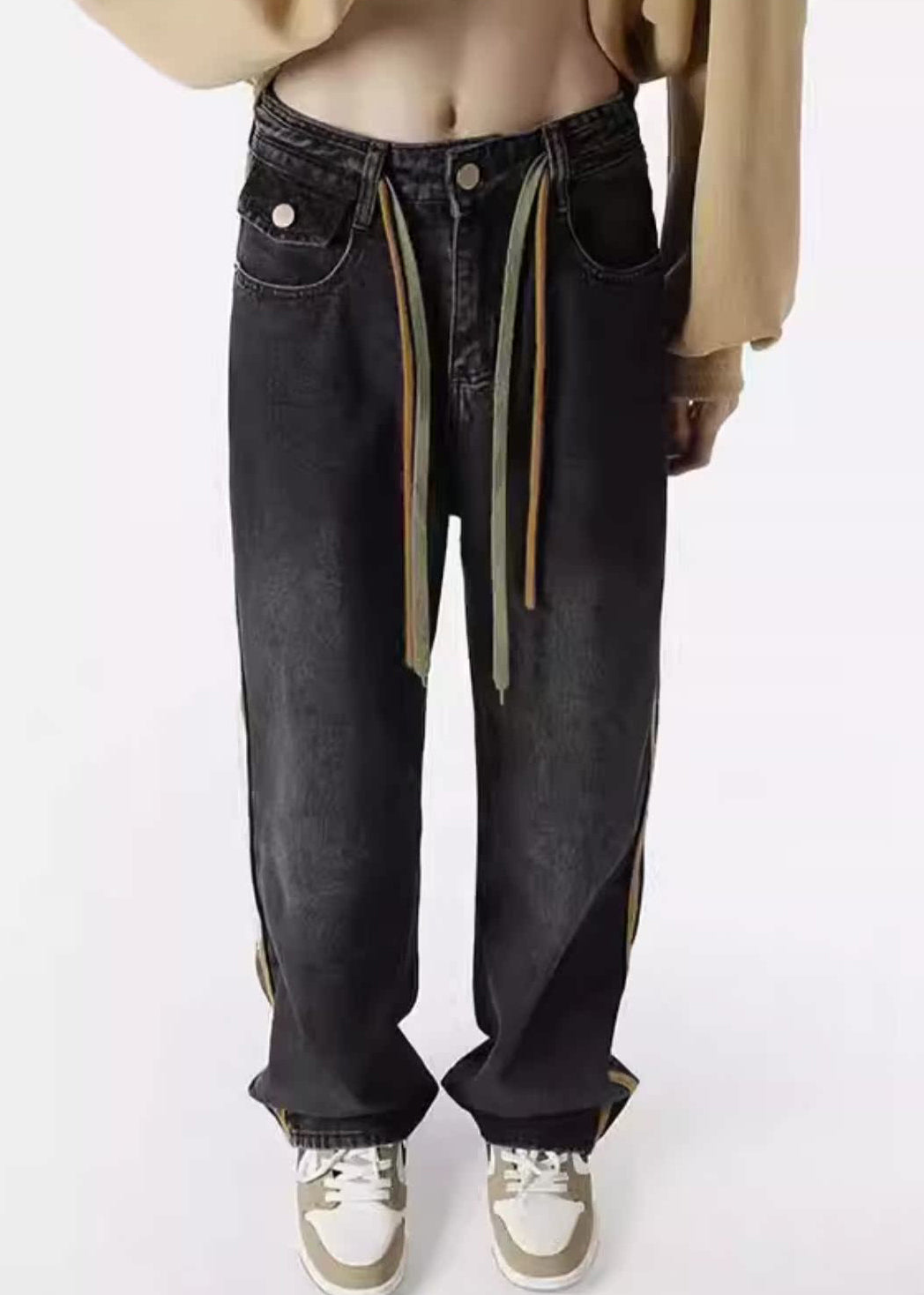 Lace Denim Mens Spring Pants Retro Striped Black Up