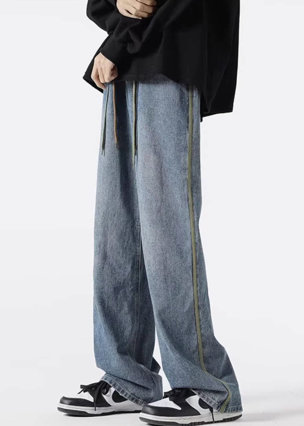 Lace Denim Mens Spring Pants Retro Striped Black Up