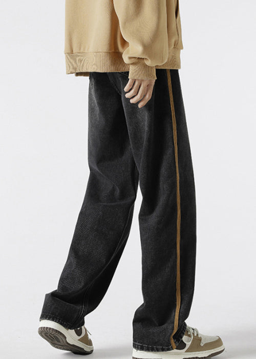 Lace Denim Mens Spring Pants Retro Striped Black Up