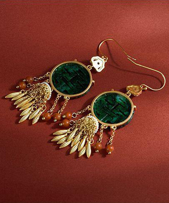 Boucles d'oreilles pendantes rétro vert noirâtre avec perles incrustées d'or antique et d'agate de jade PO029