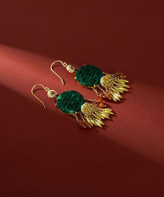 Boucles d'oreilles pendantes rétro vert noirâtre avec perles incrustées d'or antique et d'agate de jade PO029