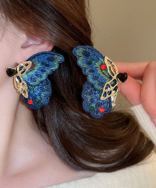 Retro Blue Alloy Zircon Woven Asymmetrical Butterfly Hoop Earrings RA041