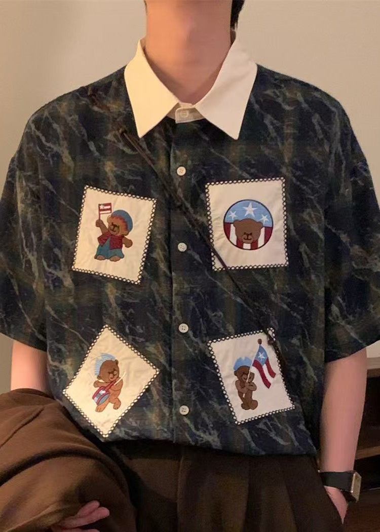 Retro Plaid Mens Button Shirts Summer Cotton Blue Oversized