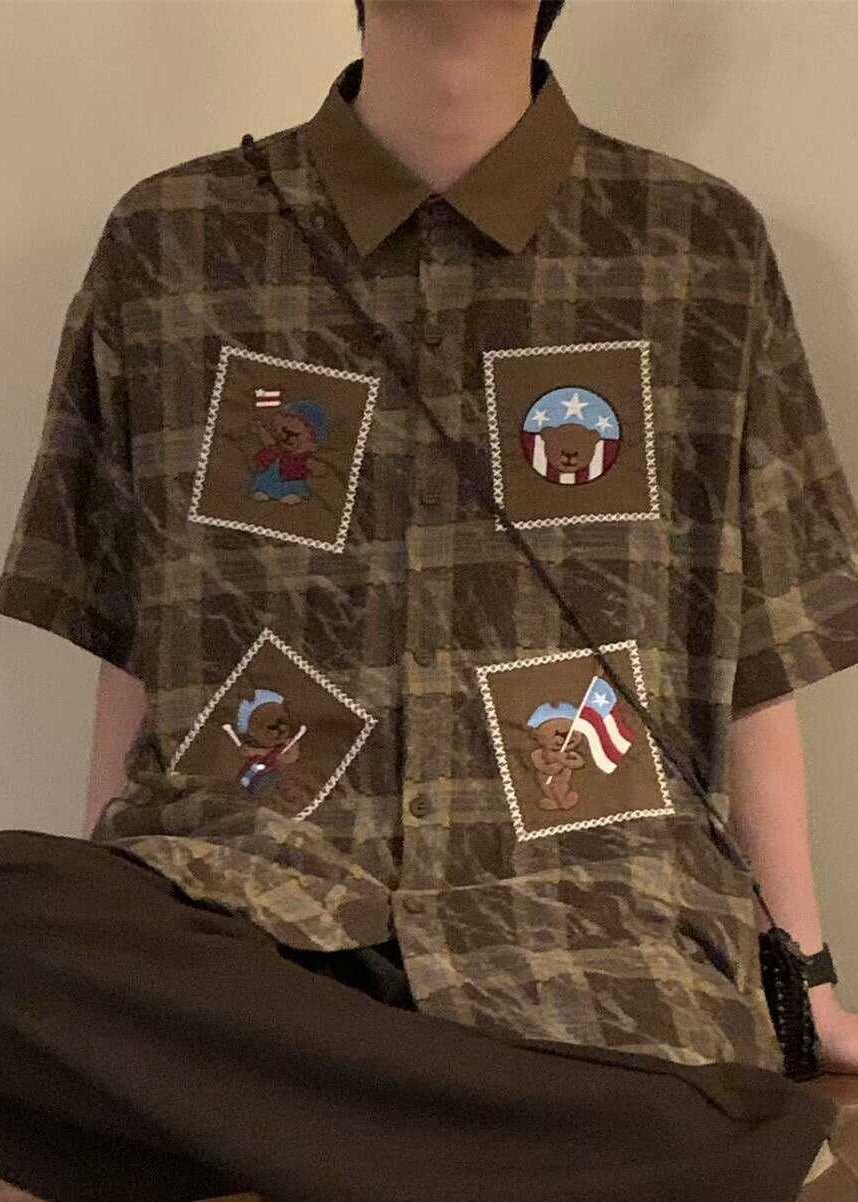 Retro Plaid Mens Button Shirts Summer Cotton Blue Oversized