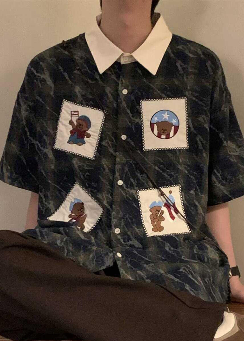 Retro Plaid Mens Button Shirts Summer Cotton Blue Oversized