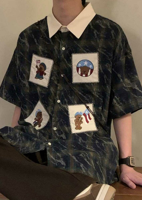 Retro Plaid Mens Button Shirts Summer Cotton Blue Oversized