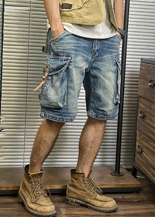 Shorts Waist Summer Retro Denim Pockets High Mens Blue