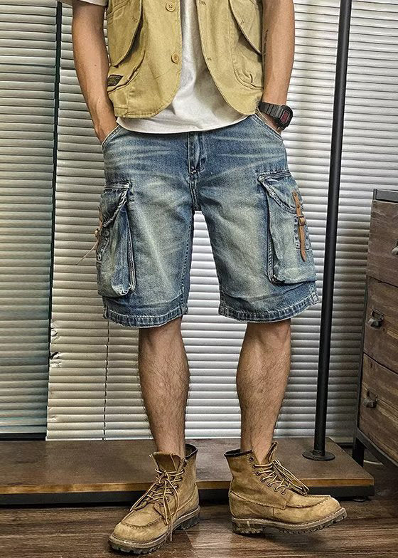 Shorts Waist Summer Retro Denim Pockets High Mens Blue