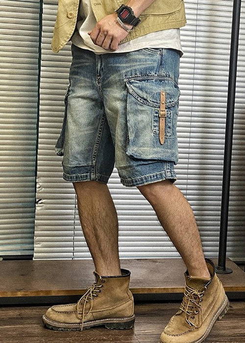 Shorts Waist Summer Retro Denim Pockets High Mens Blue