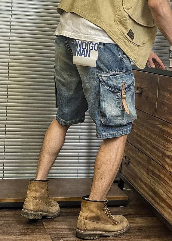 Shorts Waist Summer Retro Denim Pockets High Mens Blue