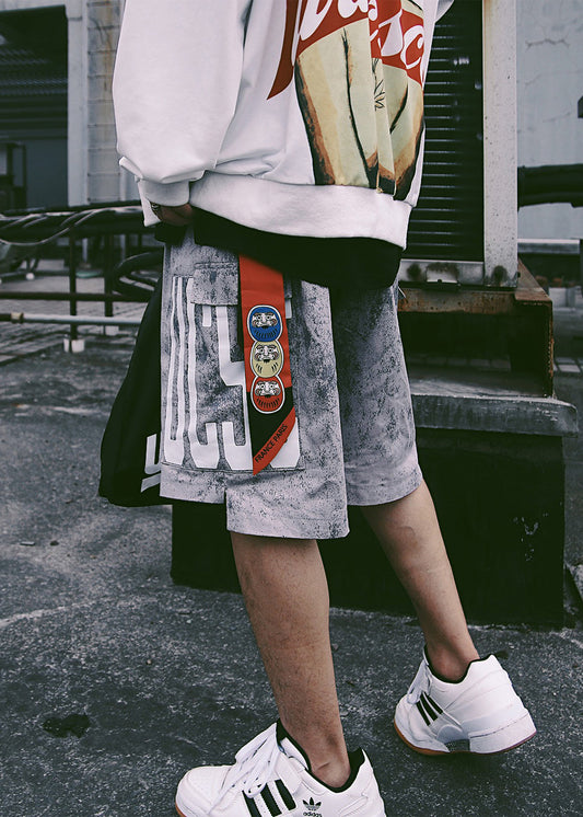 Summer Blue Pockets Print Mens Elastic Shorts Retro Waist