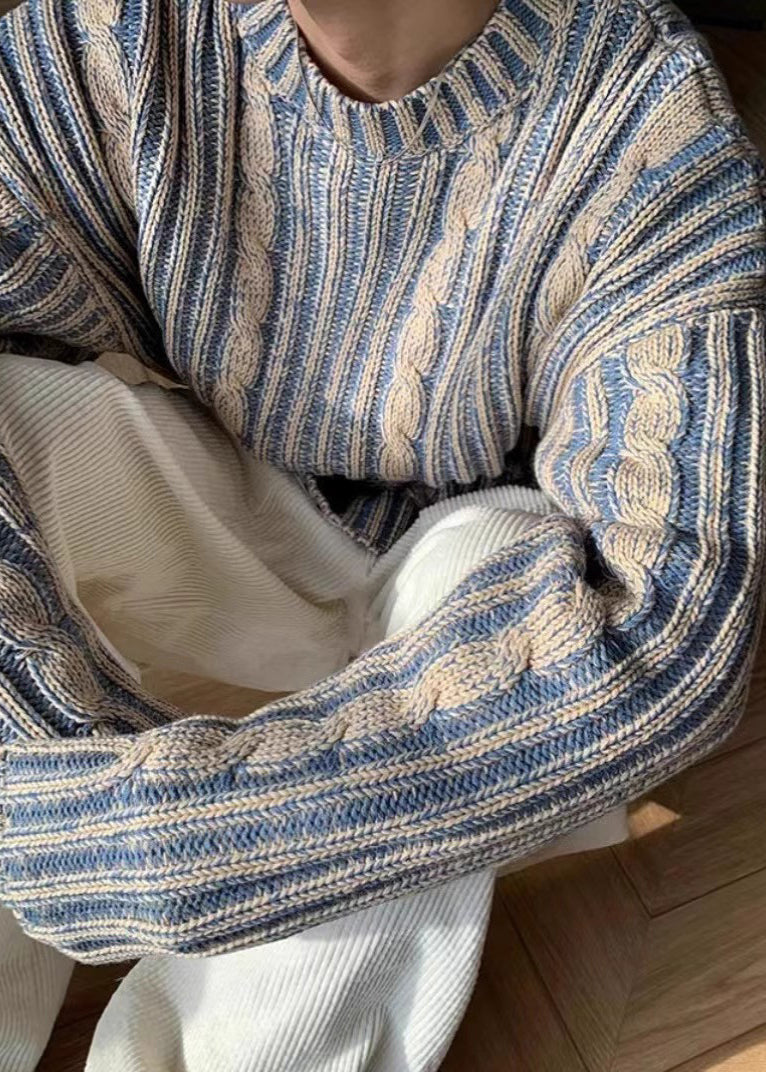 Retro Blue Striped Cozy Knit Men Sweater Spring TK007