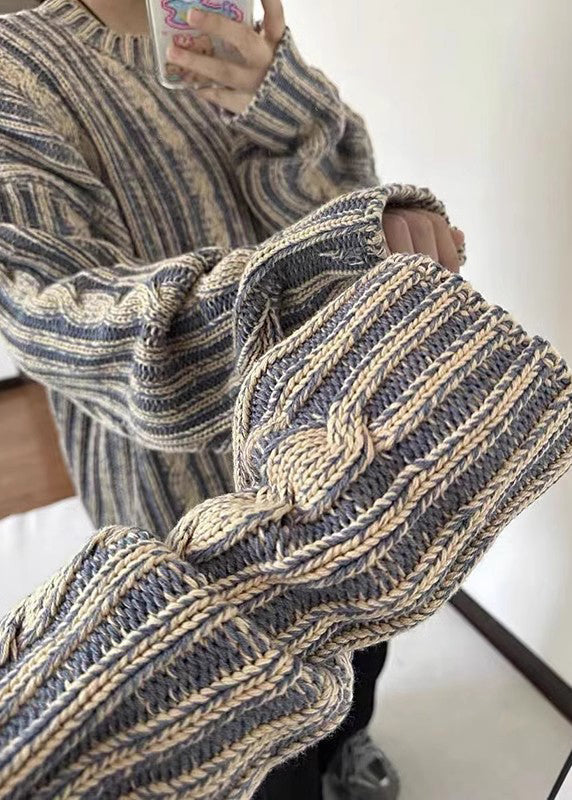 Retro Blue Striped Cozy Knit Men Sweater Spring TK007