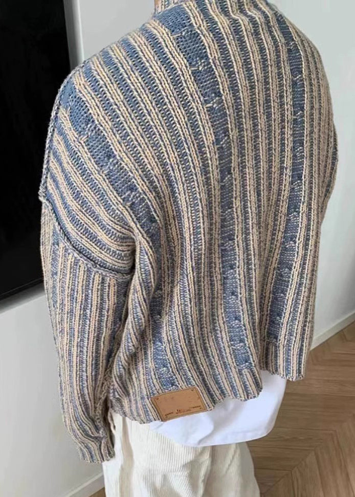 Retro Blue Striped Cozy Knit Men Sweater Spring TK007