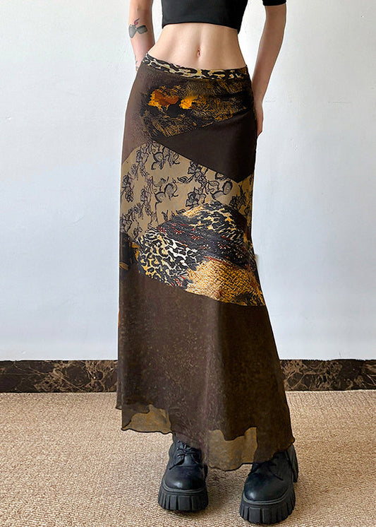 High Brown Patchwork Summer Tulle Waist Skirt Print Retro