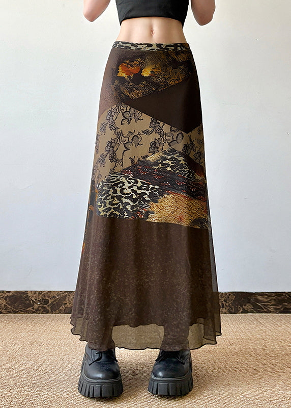 High Brown Patchwork Summer Tulle Waist Skirt Print Retro