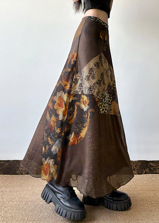 High Brown Patchwork Summer Tulle Waist Skirt Print Retro