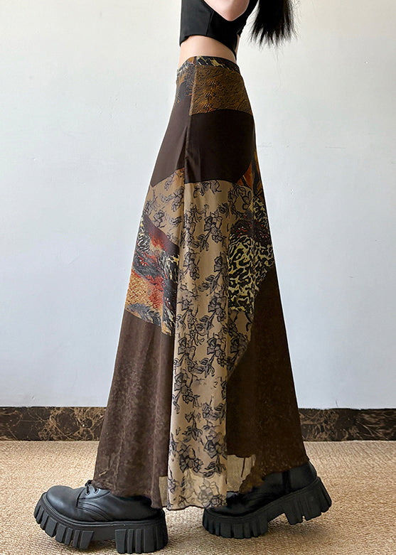 High Brown Patchwork Summer Tulle Waist Skirt Print Retro