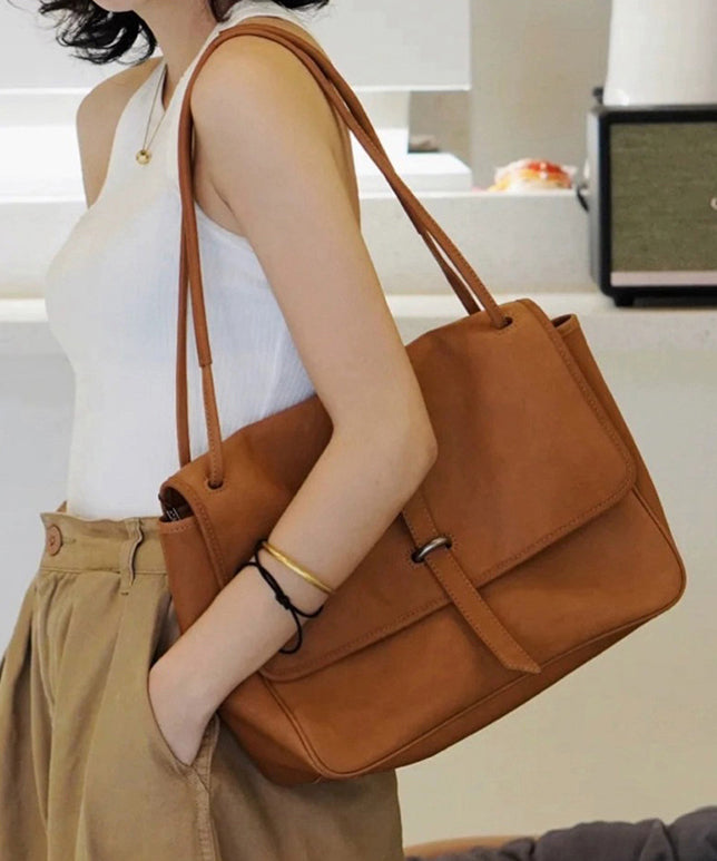 Zipper Leather Brown Bag Solid Shoulder Durable Retro
