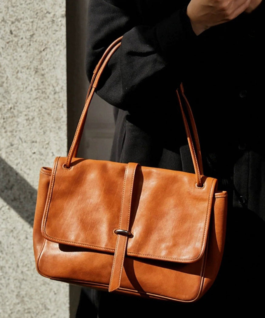 Zipper Leather Brown Bag Solid Shoulder Durable Retro