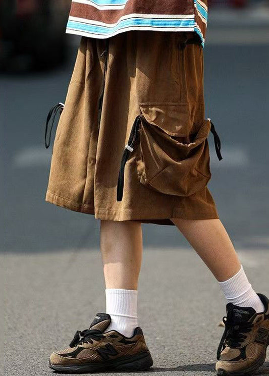 Pockets Mens Drawstring Shorts Coffee Retro Summer Cotton