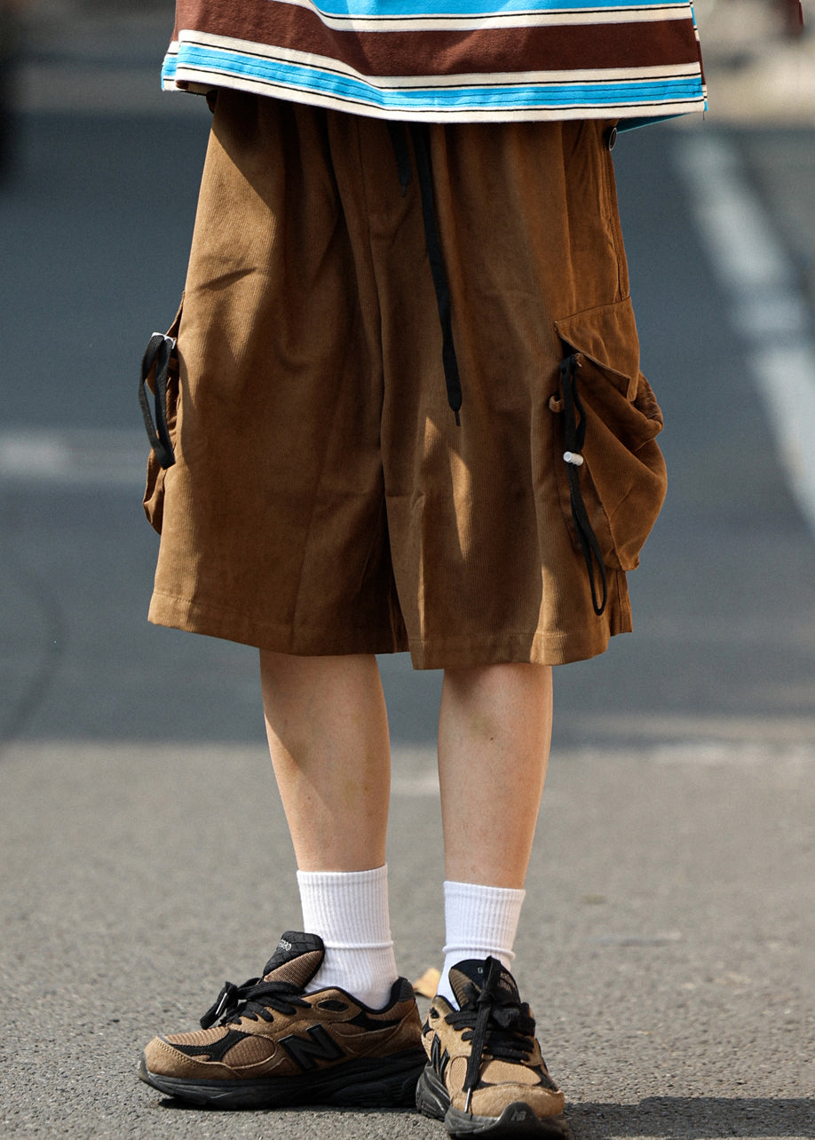 Pockets Mens Drawstring Shorts Coffee Retro Summer Cotton