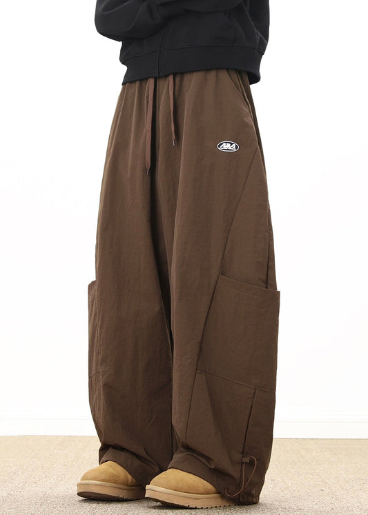 Wide Coffee Drawstring Elastic Cotton Pockets Waist Retro Mens