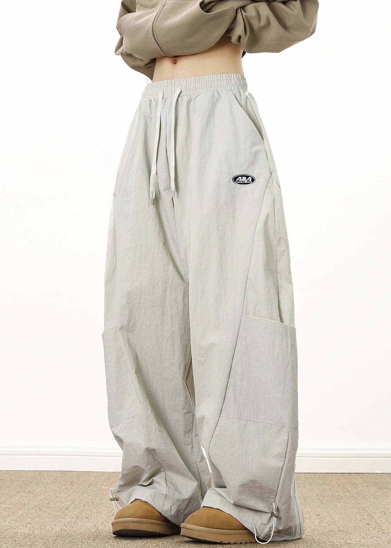 Wide Coffee Drawstring Elastic Cotton Pockets Waist Retro Mens