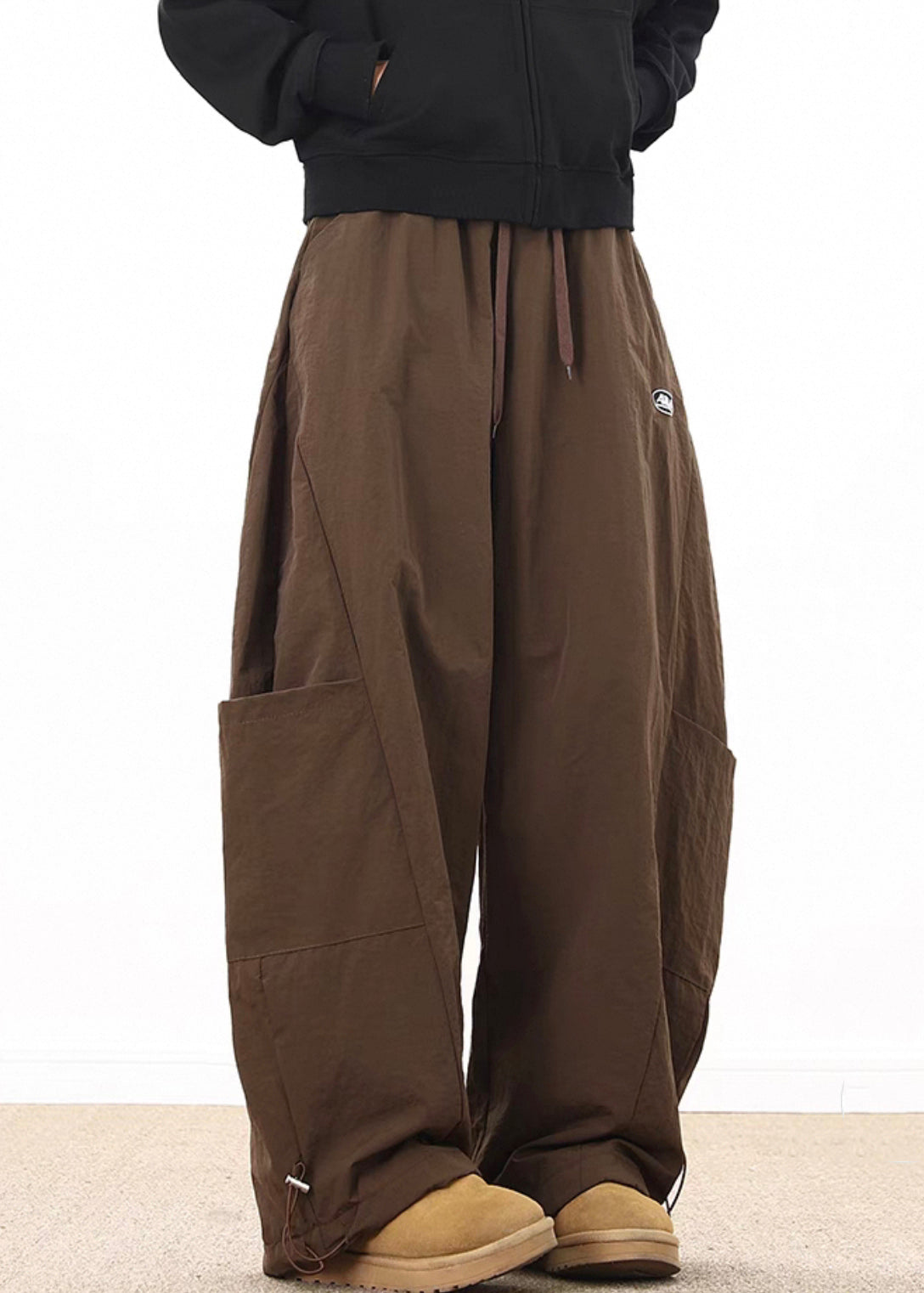 Wide Coffee Drawstring Elastic Cotton Pockets Waist Retro Mens