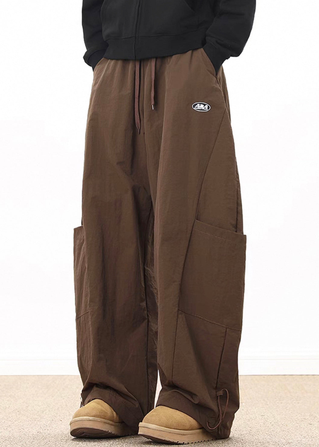 Wide Coffee Drawstring Elastic Cotton Pockets Waist Retro Mens