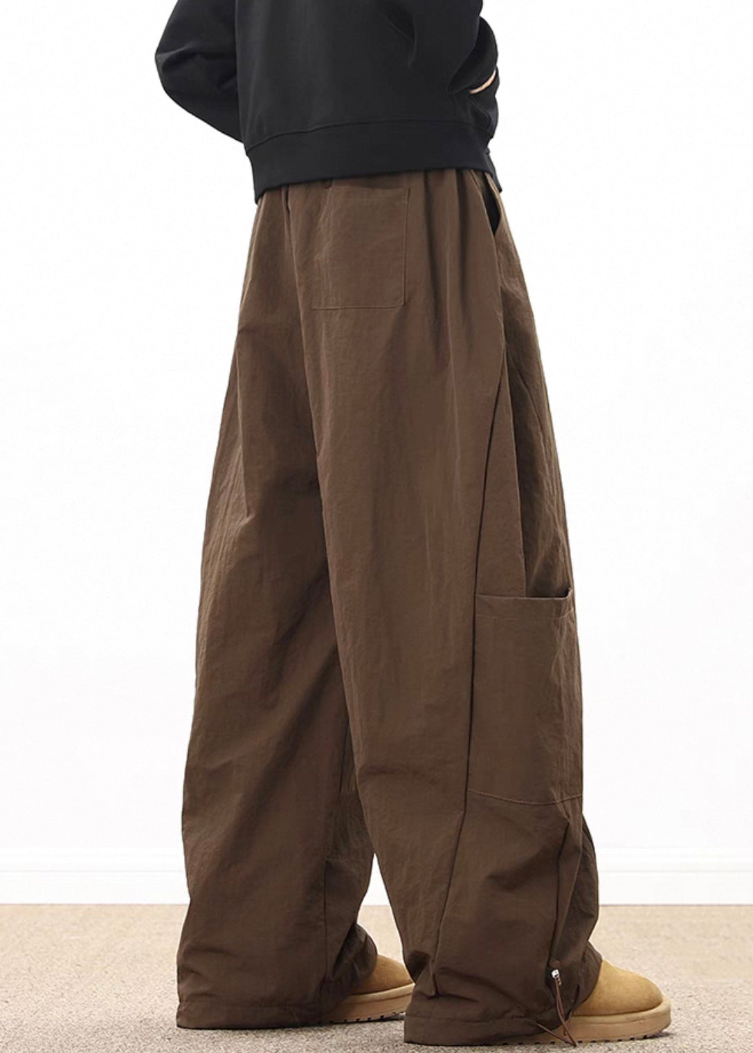 Wide Coffee Drawstring Elastic Cotton Pockets Waist Retro Mens
