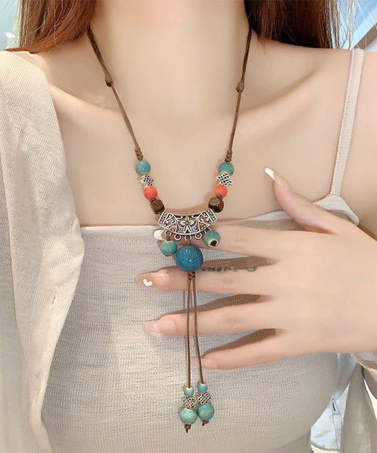 Pendant Alloy Coffee Retro Bead Ceramic Out Necklace Weave Hollow
