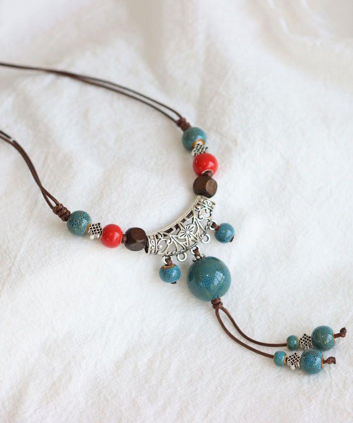 Pendant Alloy Coffee Retro Bead Ceramic Out Necklace Weave Hollow