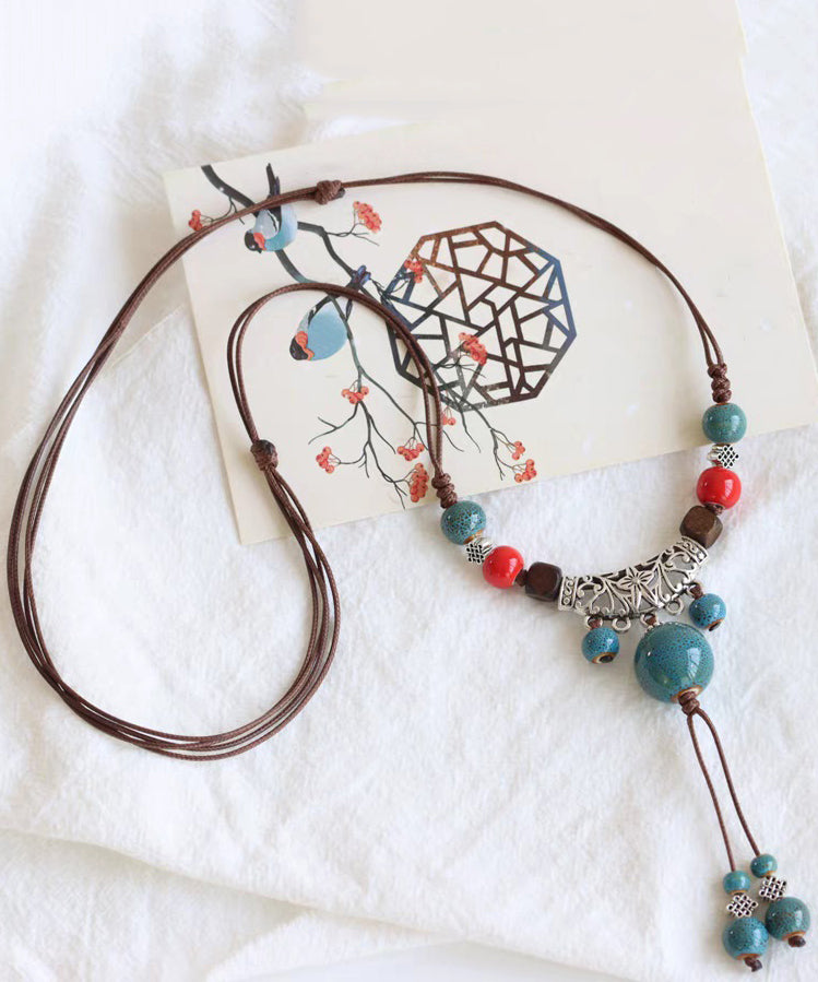 Pendant Alloy Coffee Retro Bead Ceramic Out Necklace Weave Hollow