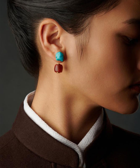 Sterling Colorblock Turquoise Retro Silver Drop Agate Overgild