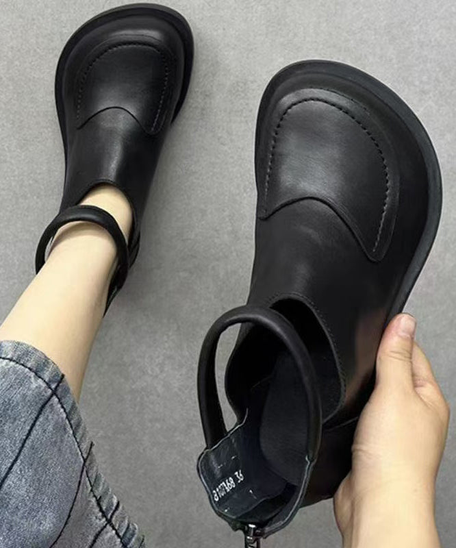 Comfy Leather Retro Boots Cowhide Black Splicing