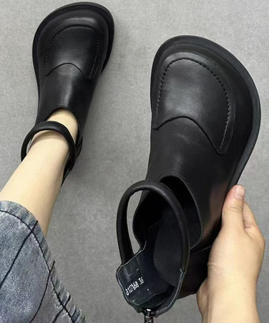 Comfy Leather Retro Boots Cowhide Black Splicing