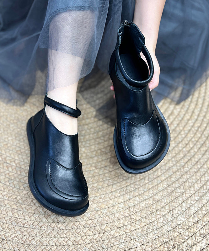 Retro Leather Splicing Boots Cowhide Black Comfy