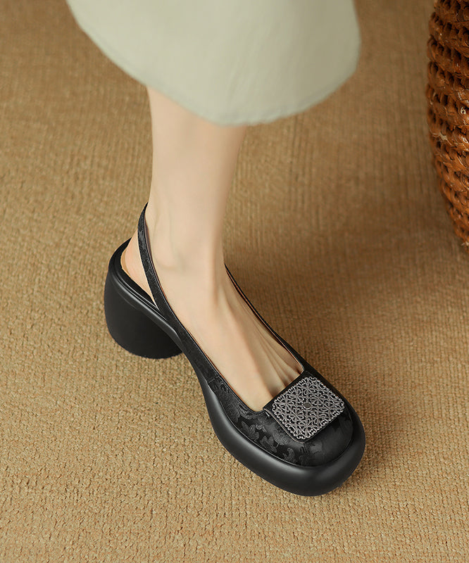 Cowhide Leather Heel Sandals Splicing Retro Apricot Chunky