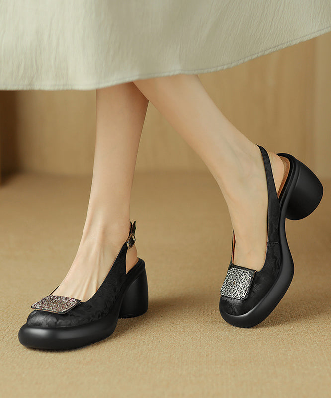 Cowhide Leather Heel Sandals Splicing Retro Apricot Chunky