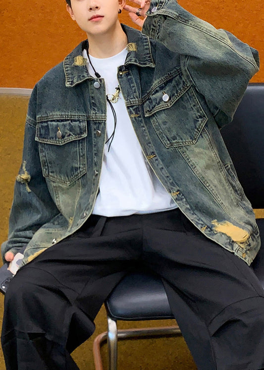 Retro Denim Blue Hole Button Pockets Denim Mens Coats Spring TC036