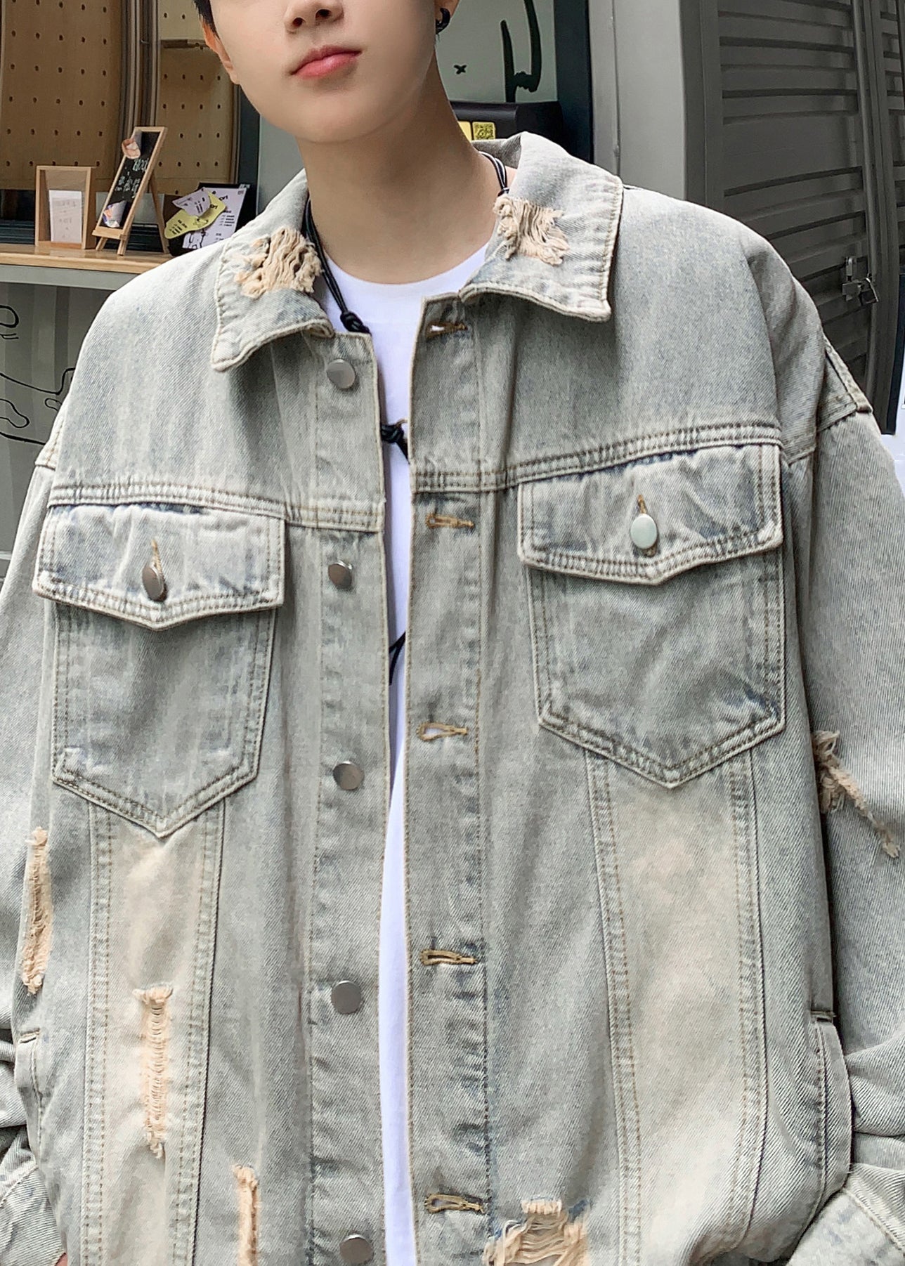 Retro Denim Blue Hole Button Pockets Denim Mens Coats Spring TC036